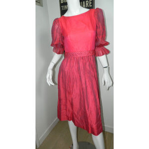 Hardy Amies Dress Size Small Vintage 1950’s Pink Stripes Puffy Sleeves Belted